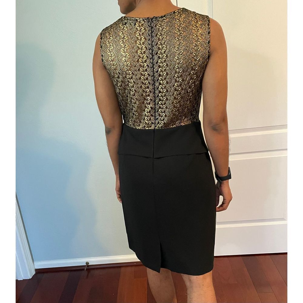 Quiet Luxury Dress Size 8 Black Gold Lace Back Peplum Office to Evening Tahari